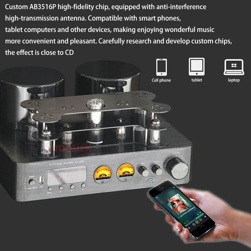 Sunbuck 200 واط + 200 واط 2.0 قناة بلوتوث المعدل WY2P 6U1 6A2 ECH81 hifi مُضخّم صوت 5200 1943 مضخم رقمي