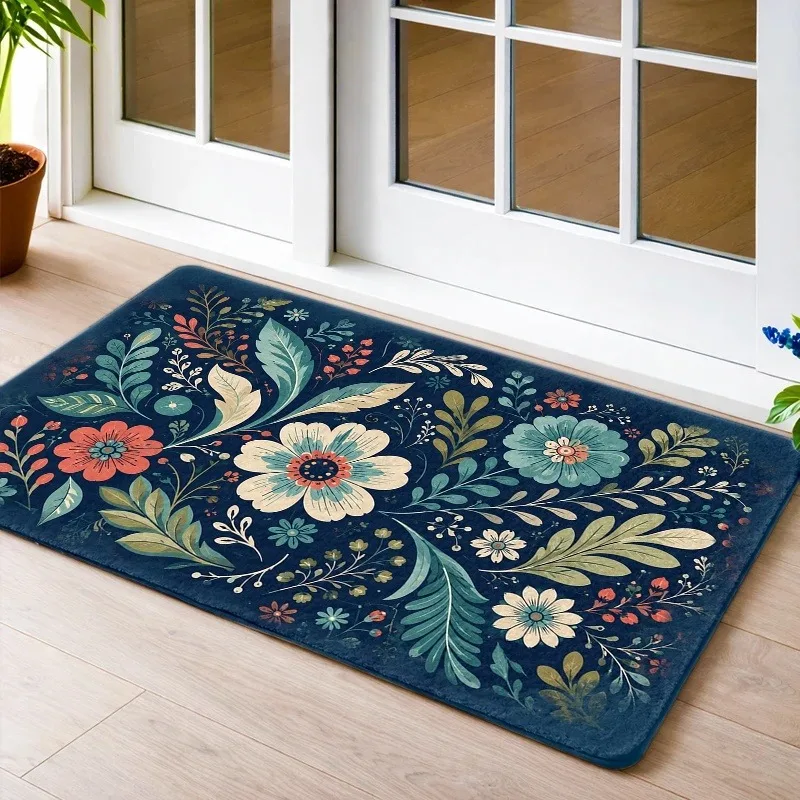 Retro Botanical Door Mat Colorful Vintage Flowers Foliage Base Pattern Print Front Door Entryway Hallway Home Decor Floor Carpet