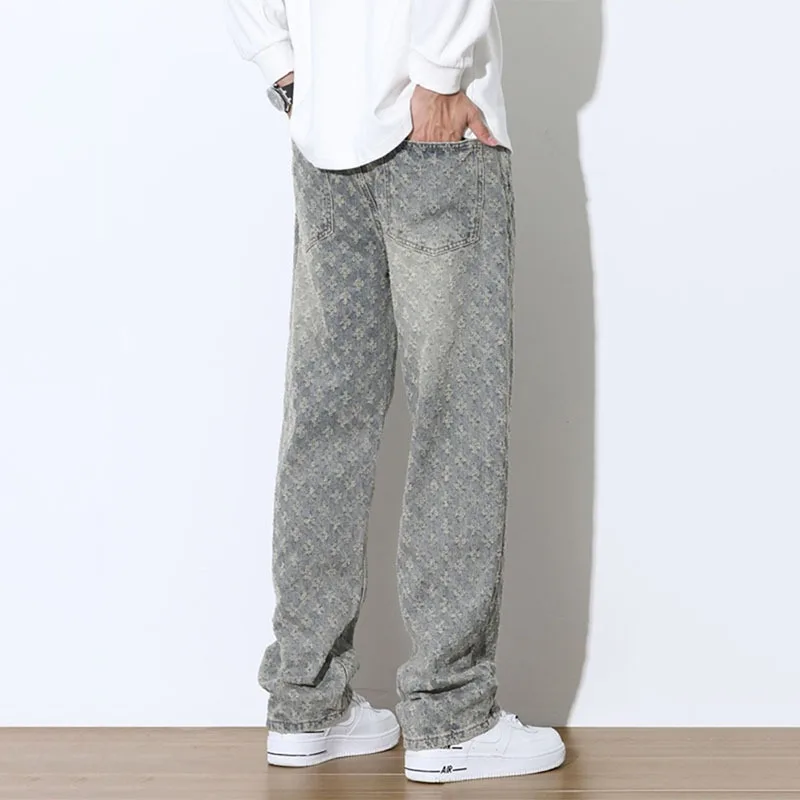 Jacquard Full Print High Street Trendy Brand Ins Design Sense Jeans Loose Straight Tube Washed Wide Leg Long Pants