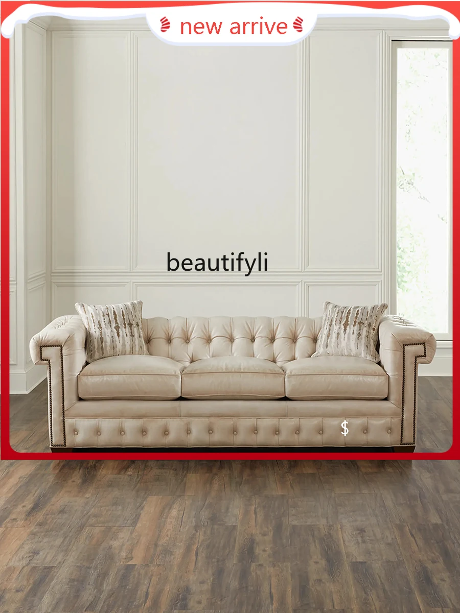 

S132 French Country Solid Wood Sofa Retro Oil Wax Skin Sofa Nordic Simple Small Apartment Light Luxury Three-Person