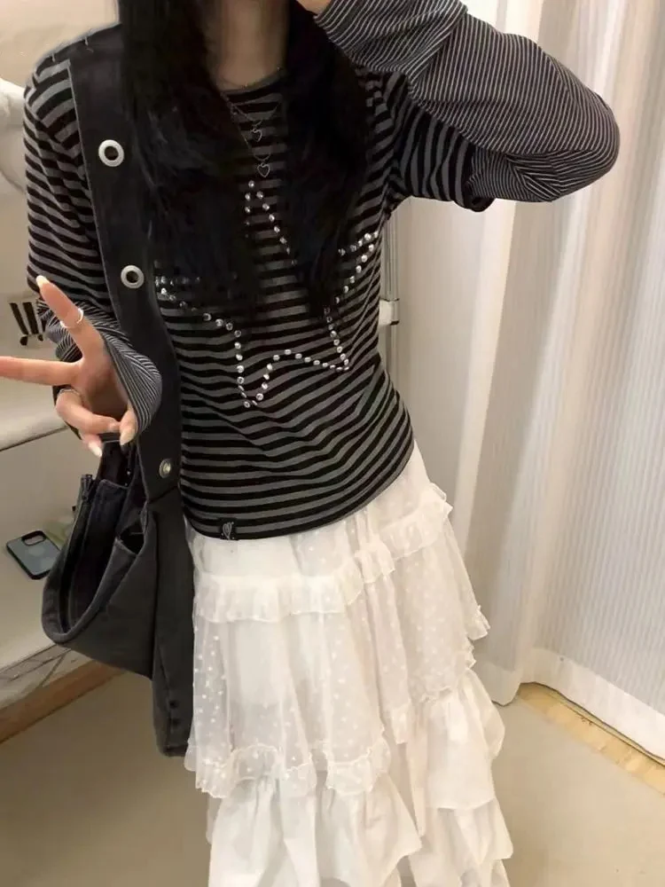 النساء تي شيرت ستار الحفر الساخن مخطط وهمية قطعتين المرقعة كم طويل الخريف موضة Y2k بلايز أنثى عادية المحملة #1