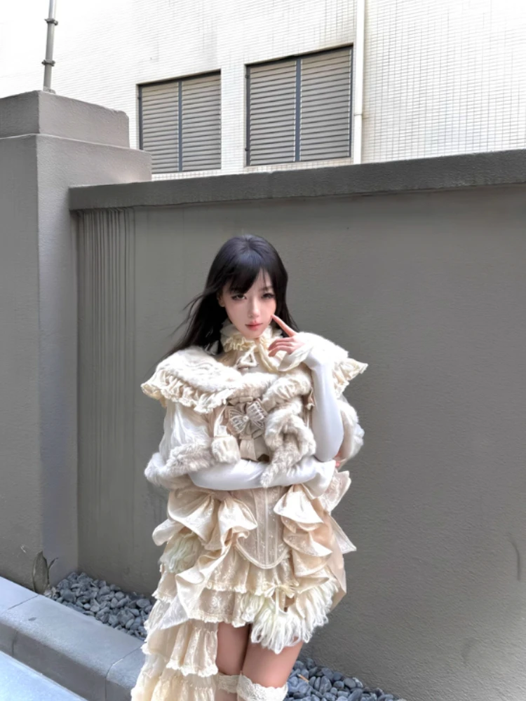 Elegant Lady Japanese Style Original Beige Eco-friendly Shawl Fur Christmas Winter New Thickened Warm Cape Coat