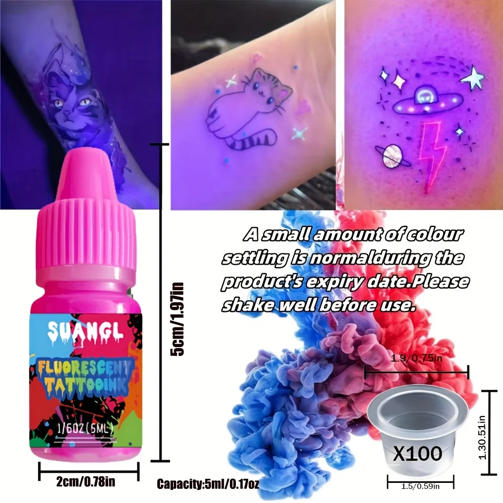 Fluorescent Tattoo Ink Set 8 Colors Fluorescent Tattoo Ink 100 Ink Cup Safe Non-toxic Fluorescent Ink Fashionable Tattoo Ink Set
