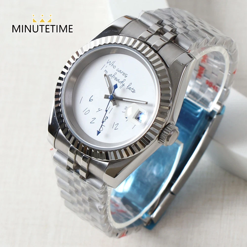 MINUTETIME reloj NH35 para quién cuida, ya soy de cristal de zafiro plateado, NH35A, movimiento automático, manos de Bule inoxidable de 39mm