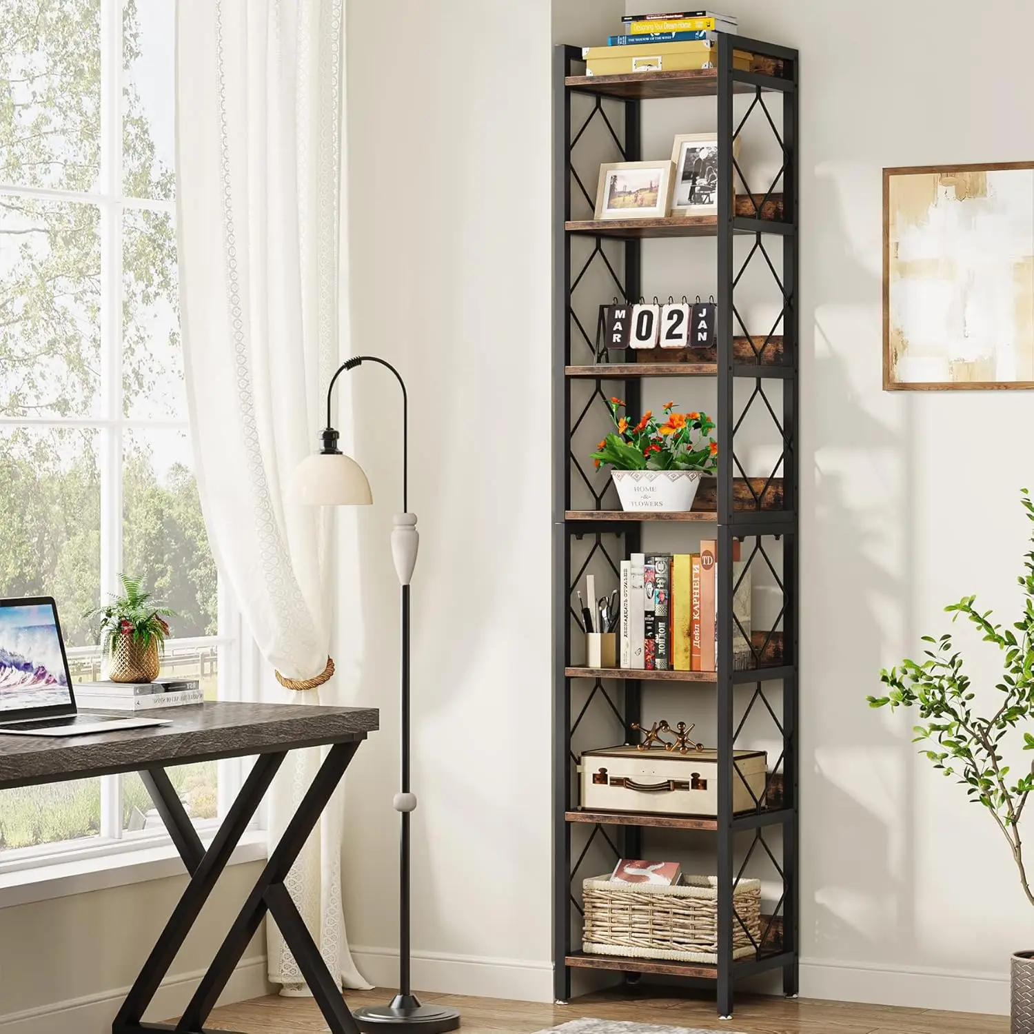 

Narrow Bookshelf, 7 Tier Bookcase for Small Spaces, Freestanding Display Shelves, Corner Storage Organizer for Home Office