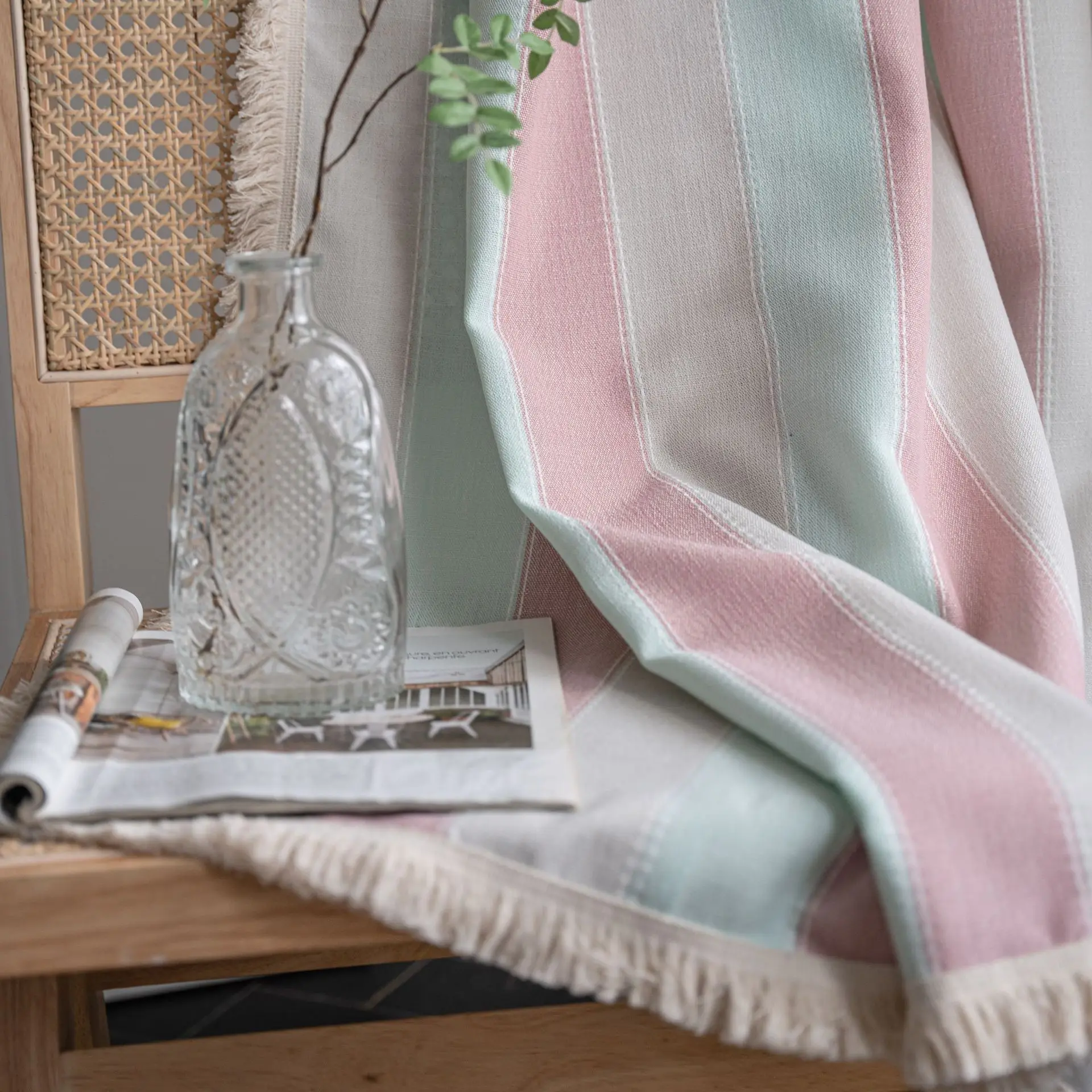 1PCS Linen Stripe Printed Curtain Bohemian Rod Semi-transparent Curtains for Living Dining Room Bedroom Home Window Decoration