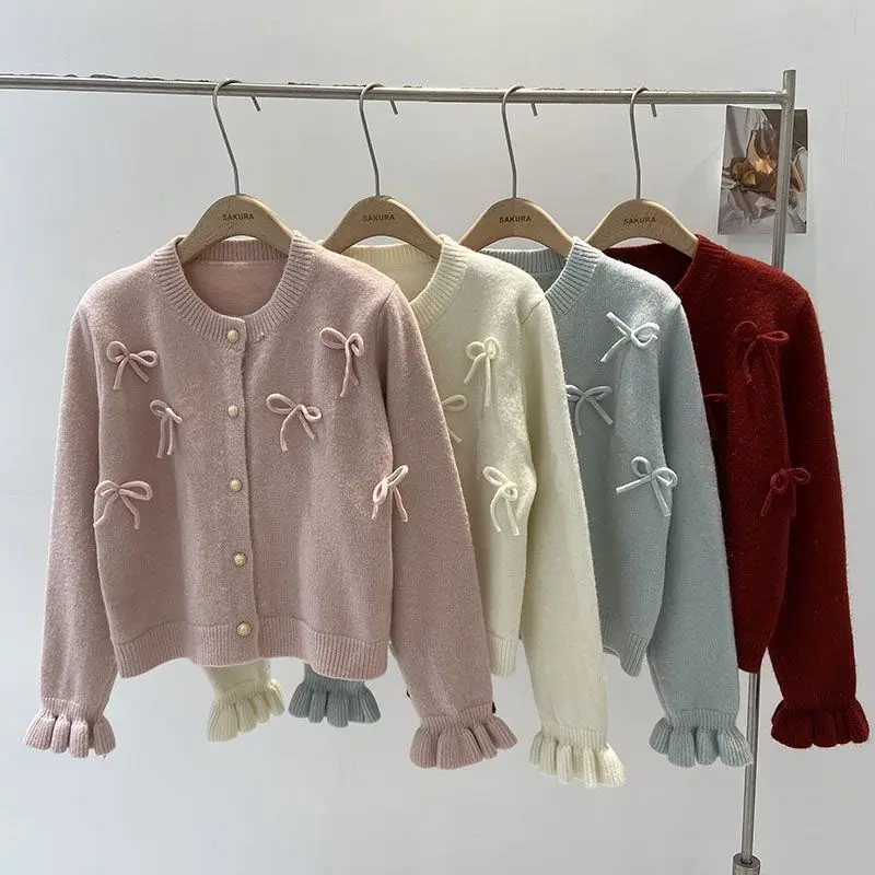 Spring Autumn Women's Sweet Bowknot Knitted Cardigan Sweater