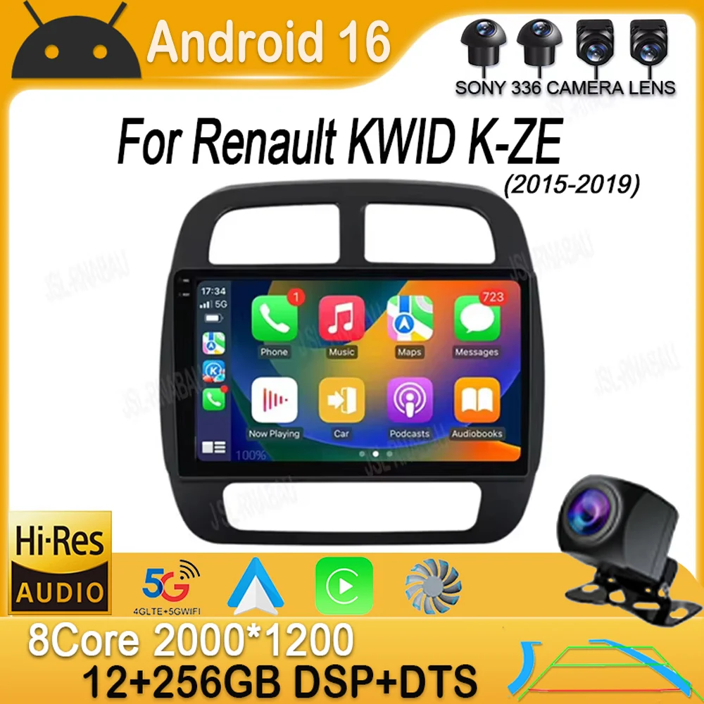 Rádio Automotivo Android 16 com Wi-Fi + 4G, Carplay e Auto para Renault KWID K-ZE Dacia Spring 2015-2019, Navegação GPS, Estéreo Multimídia, DVD, DSP