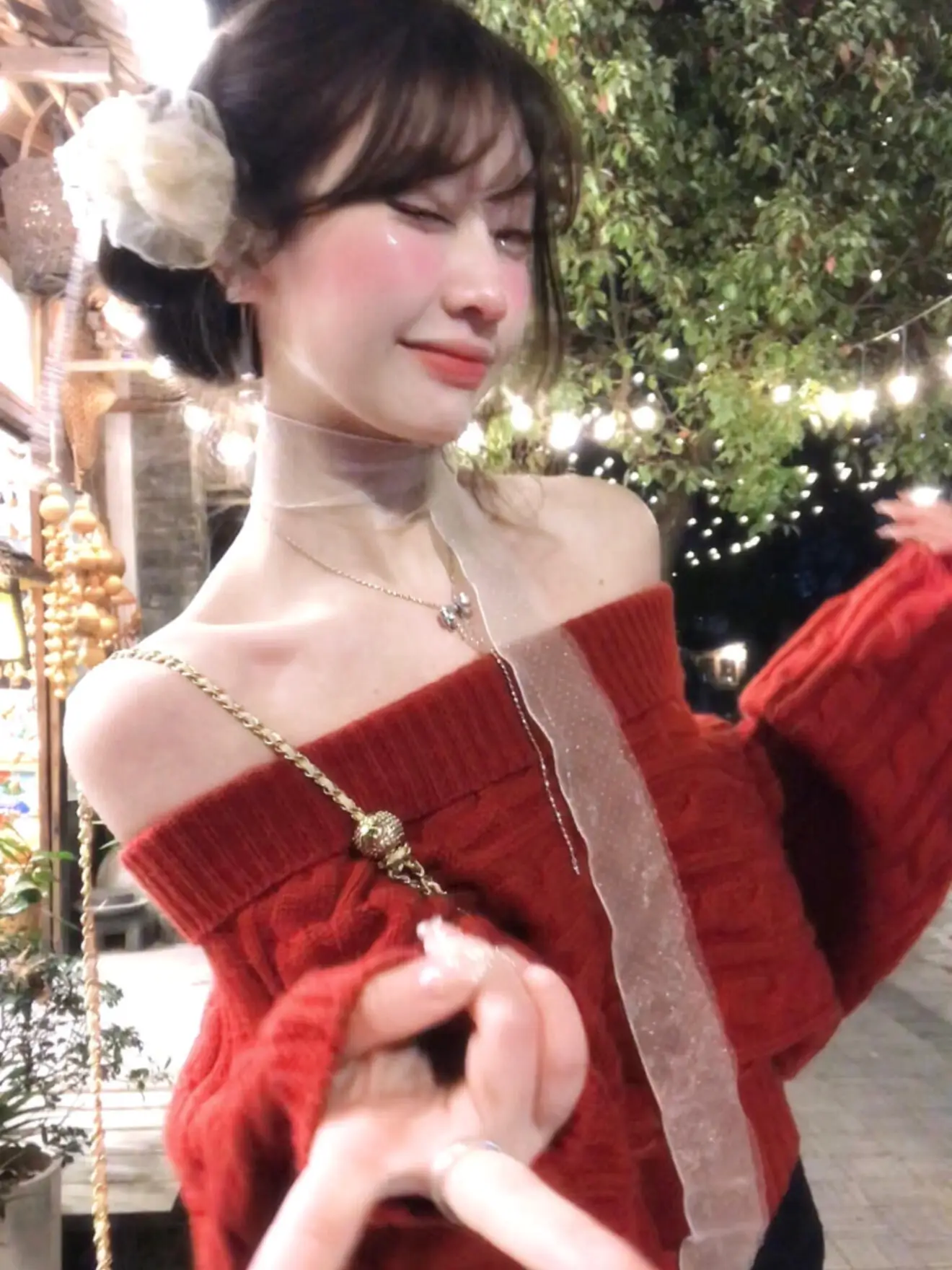 

Red New Year Knitted One-oulder Sweater Women's Autumn Winter Pure Desire Spicy Girl ow Clavicle Soft Snug Knitted Top