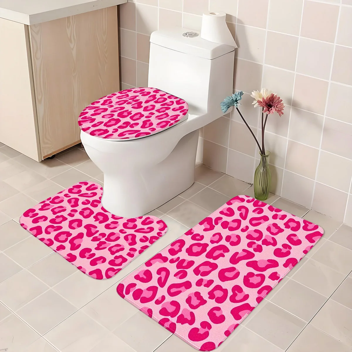 Pink Leopard Print Bathroom Three-Piece Set: Toilet Mat + Bathroom Floor Mat + U-Shaped Foot Mat, Non-Slip, Water-Absorbent, Washable Bathroom Decor Set