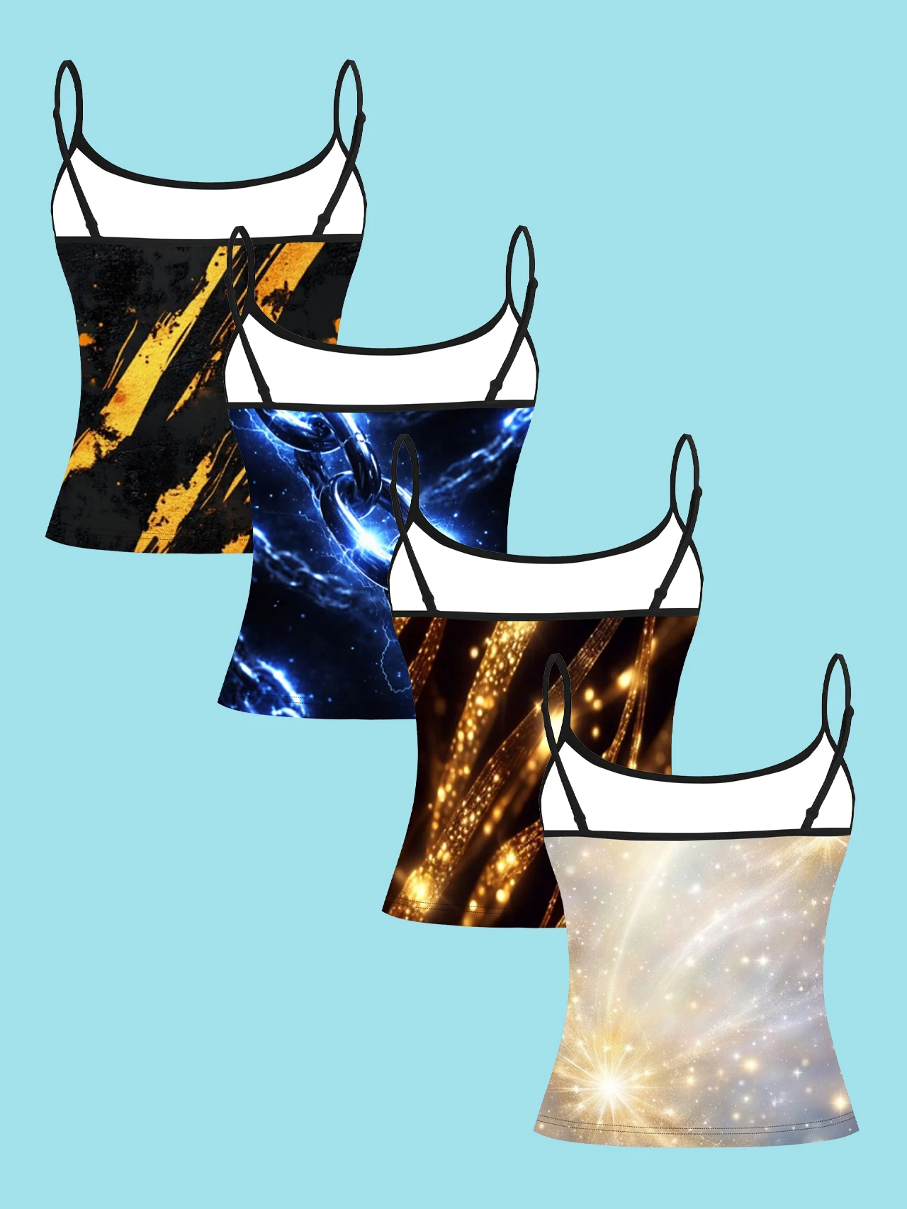 4-Piece Set of Black Gold Pen-Stroke Starry Sky Lightning Chain Print Camisole for Women, Light Luxury Shiny Spaghetti Strap Slim-Fit Inner Top