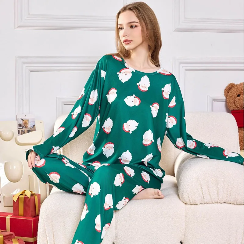 Large Size Sleepwear Women Cartoon Printing Santa Claus School Pyjamas Two-Piece Set Long-Sleeved Trousers Christmas Home Wear