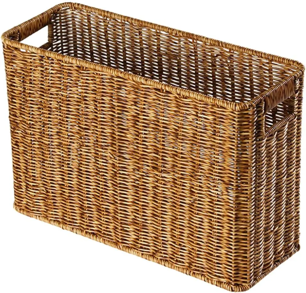 Magazine Wicker Basket, Plastic Rectangular Basket Bins Woven Files Holder Rattan Basket Bin Books Organizer Case Farmho