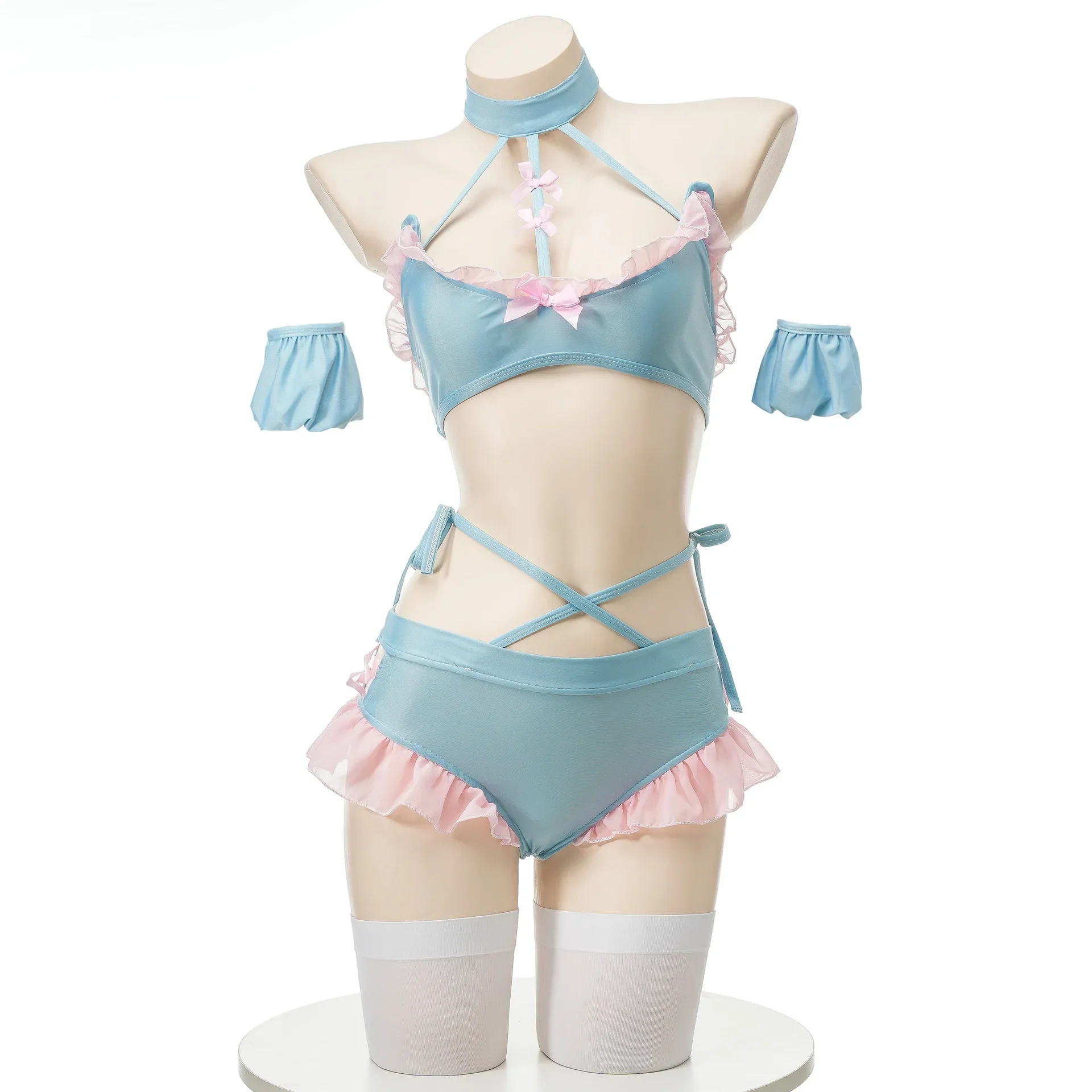 Women Blue Pink Schoolgirl Ruffled Style Bikini Set Home Wear Lingeries Cosplay Costume Outfits Sexy Split Swimsuit 2025