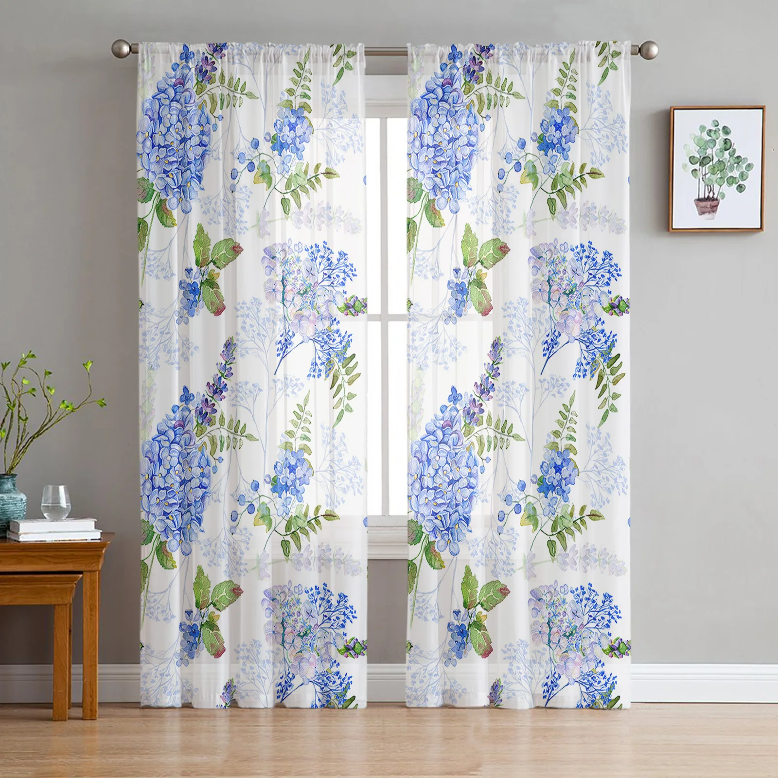 Watercolor Hydrangea Leaves Flower Sheer Curtains for Living Room Decoration Window Curtains Kitchen Tulle Voile Curtains