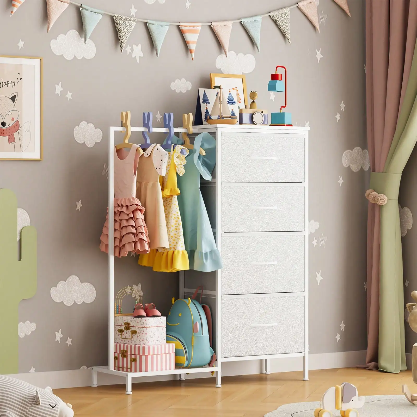Dresser with Clothes Rack 4 Fabric Drawers Wooden Top Storage Organizer for Boys Girls Bedroom