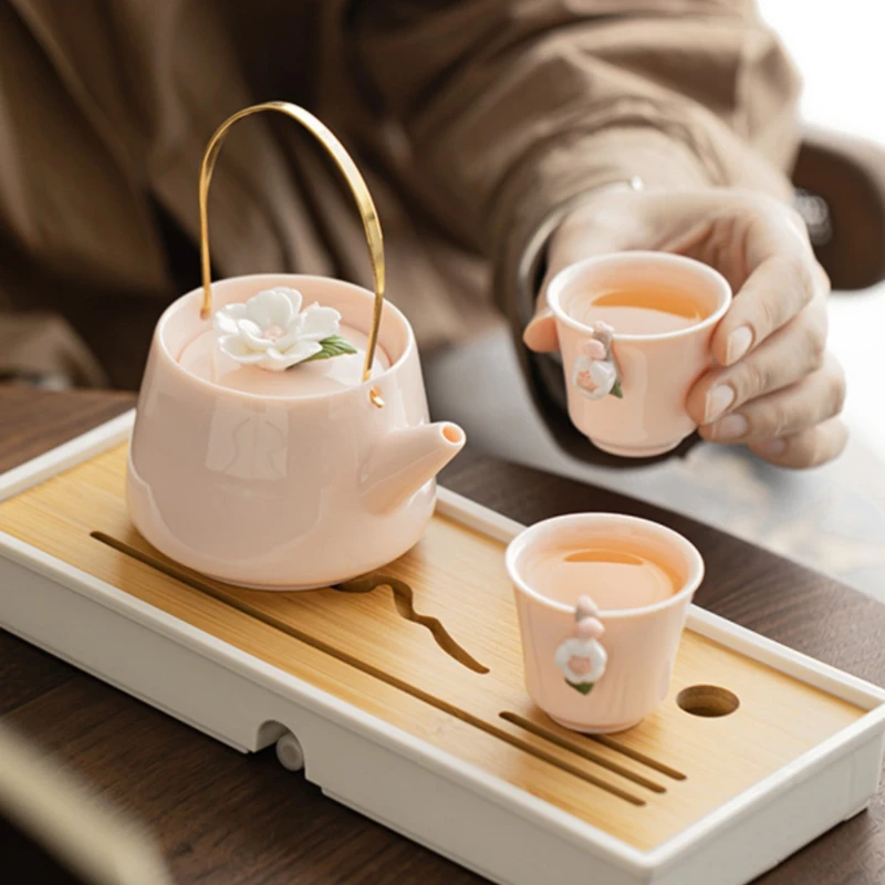 Handmade Flower Tillang Pot One Pot Two Cups Dry Bubble Tray Ceramic Kung Fu Tea Set Ladies Teapot Teacups