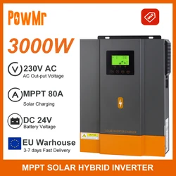 PowMr MPPT 80A Solar Charger 3000W Inverter DC 24V Wide Voltage LCD Display Hybrid Solar Inverter 220V AC Solar Panel PV 450Vdc