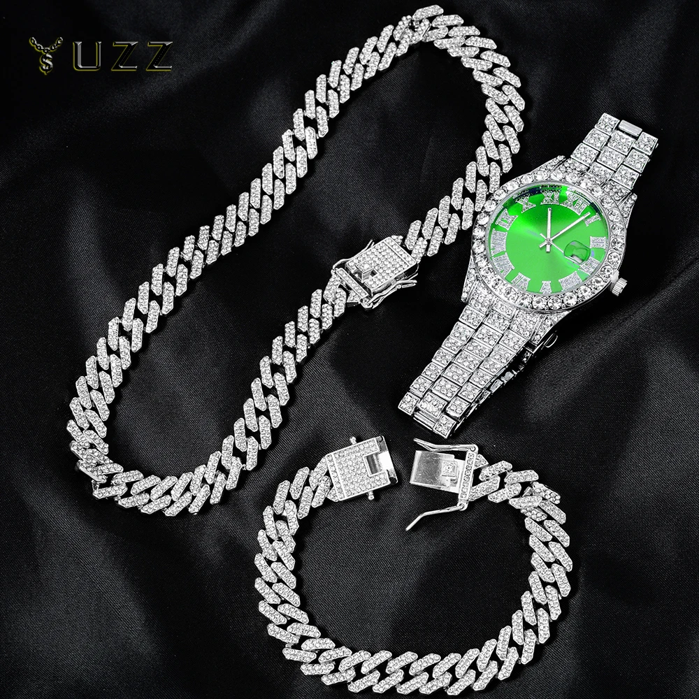 Silver Color Cuban Chain Watch Suit for Men Hip Hop Miami Curb Iced Out Paved Rhinestones Bling Rapper Necklace Watch+Bracelet