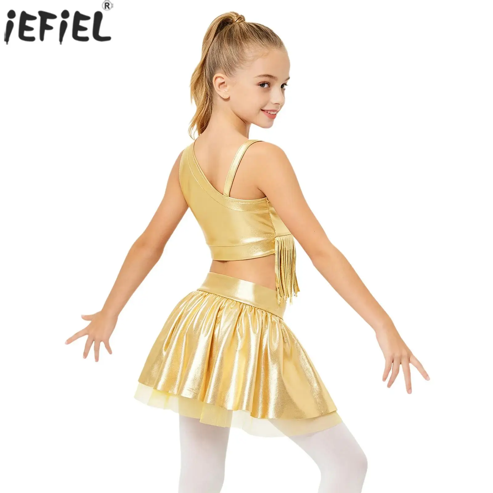 Kids Girls Tassel Jazz Dance Outfit Asymmetrical Shoulder Metallic Shiny Crop Top with Skirt Cheerleading Contemporary Dancewear