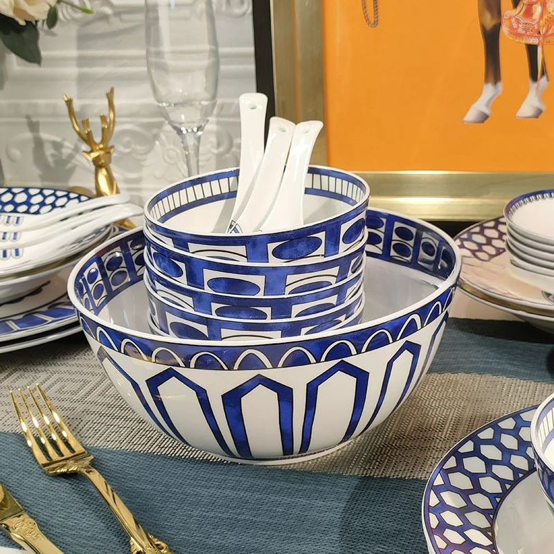 

European Light Luxury Blue Imprint 28-piece Cutlery Bowl Spoon Soup Plate Cutlery Set