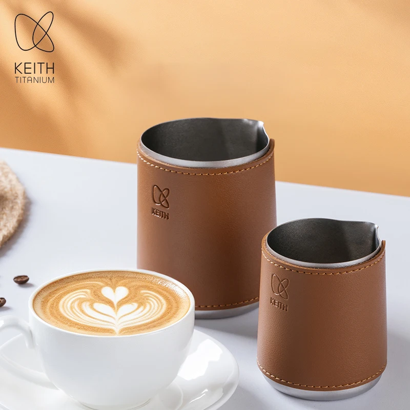 KEITH Titanium Milk Frother Jug, Ultra-Lightweight Barista Pitcher for Latte Art with Leather Sleeve Espresso Coffee Creamer Cup