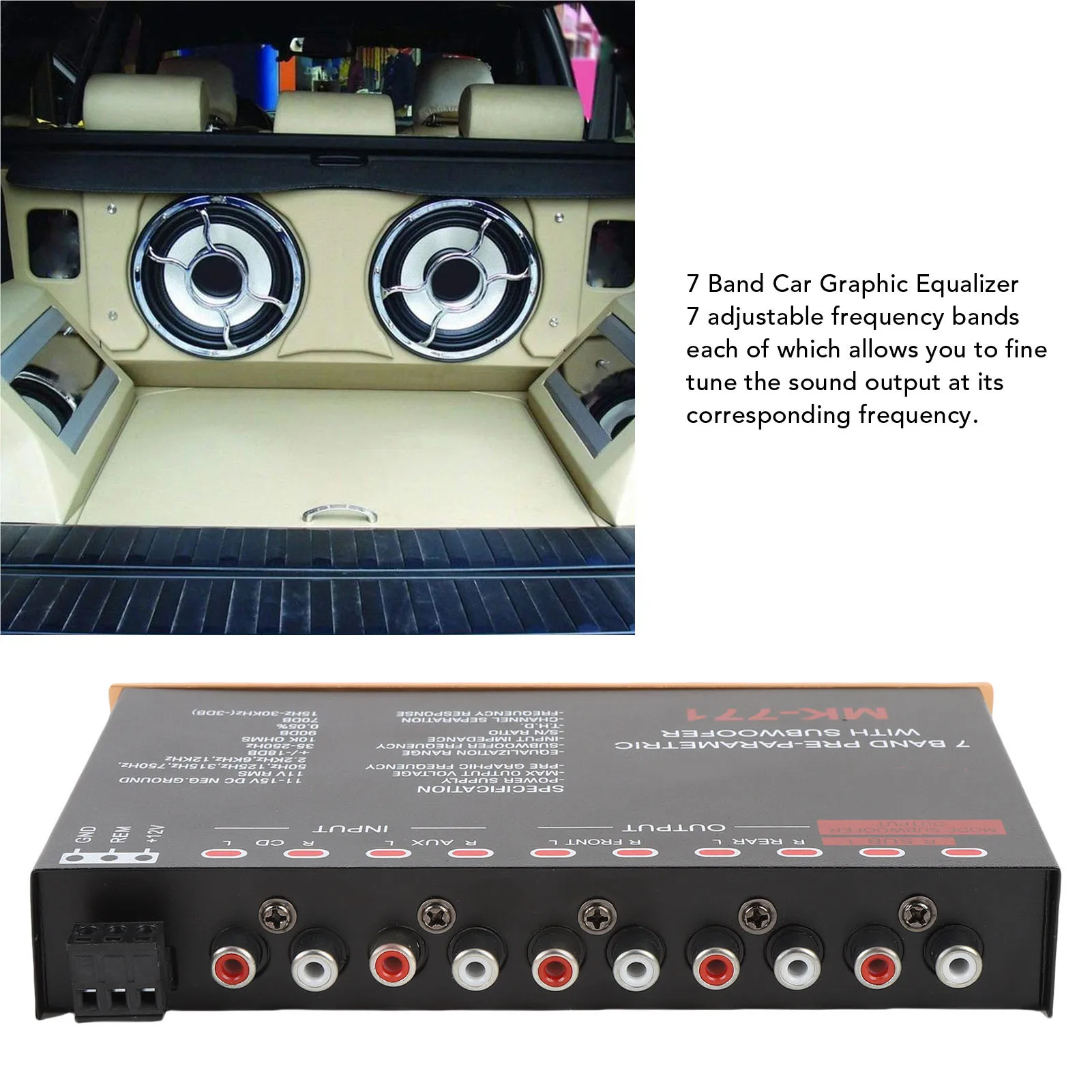 7-pasmowy equalizer samochodowy, graficzny equalizer samochodowy, wyjście subwoofera przedniego i tylnego, wejście głośnikowe wysokiej jakości do kamperów, łodzi i motocykli.