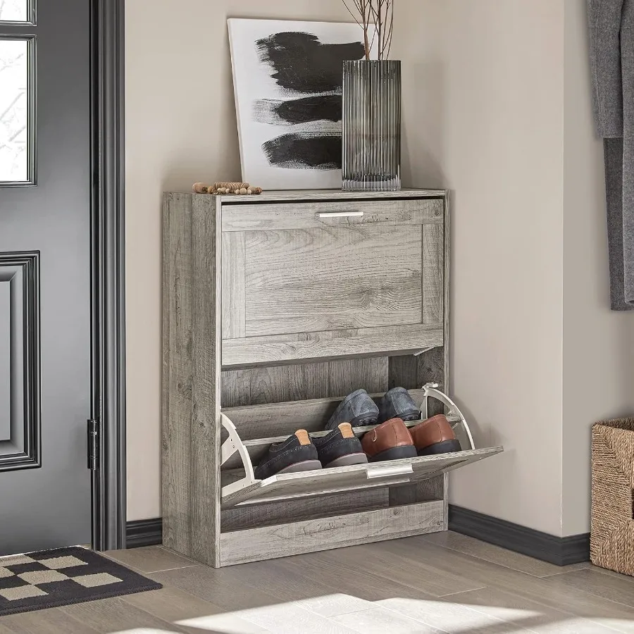 

Narrow Shoe Cabinet Entryway Small Shoe Rack with 2 FlipDrawers Slim Shoe Storage Organizer Entrance Hallway Grey FSR137HG