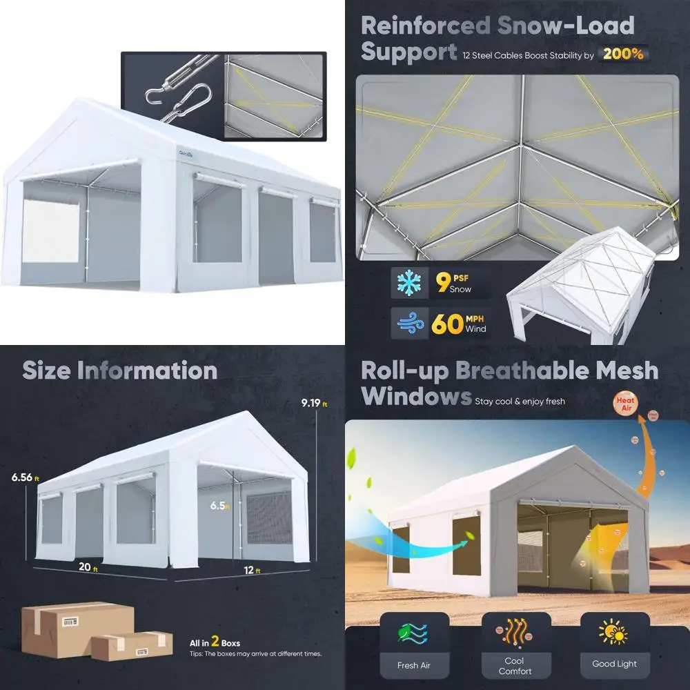 

Сверхмощный водонепроницаемый карман 12x20 футов с боковыми дверцами на молнии, снегоустойчивыми стальными кабелями, вентилируемыми окнами и решением для хранения вещей