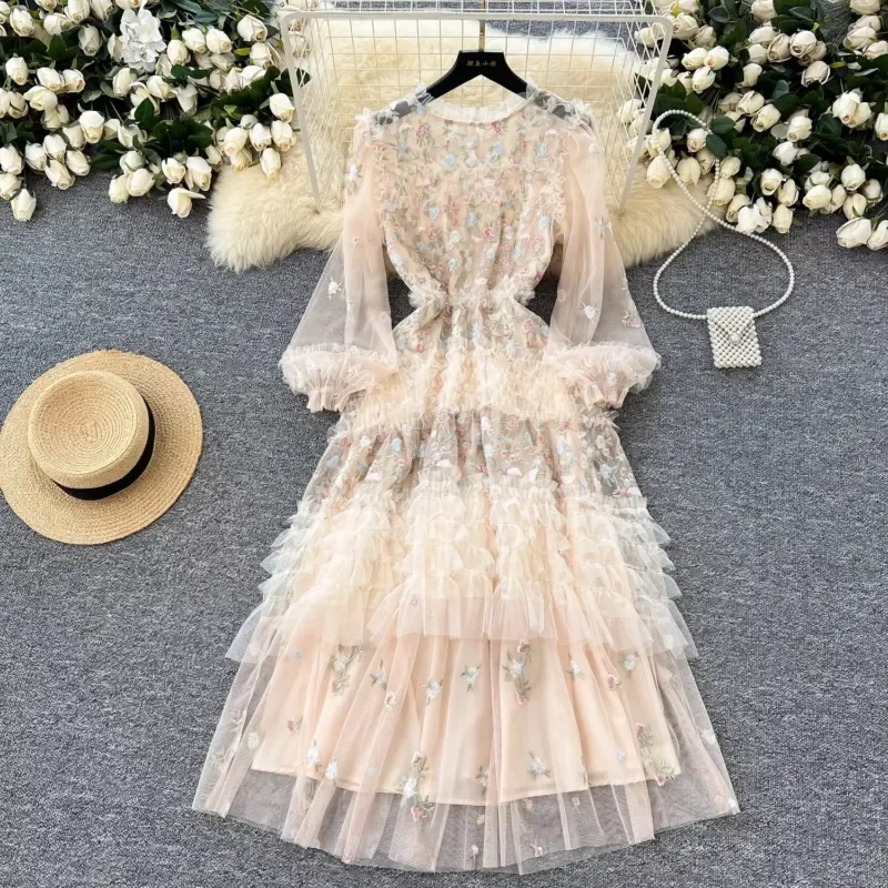 Vintage Embroidered Flower Dress Women Long Sleeve O Neck Mesh Hollow Out Ruffle Maxi Dress Elegant Prom Party Evening Gown