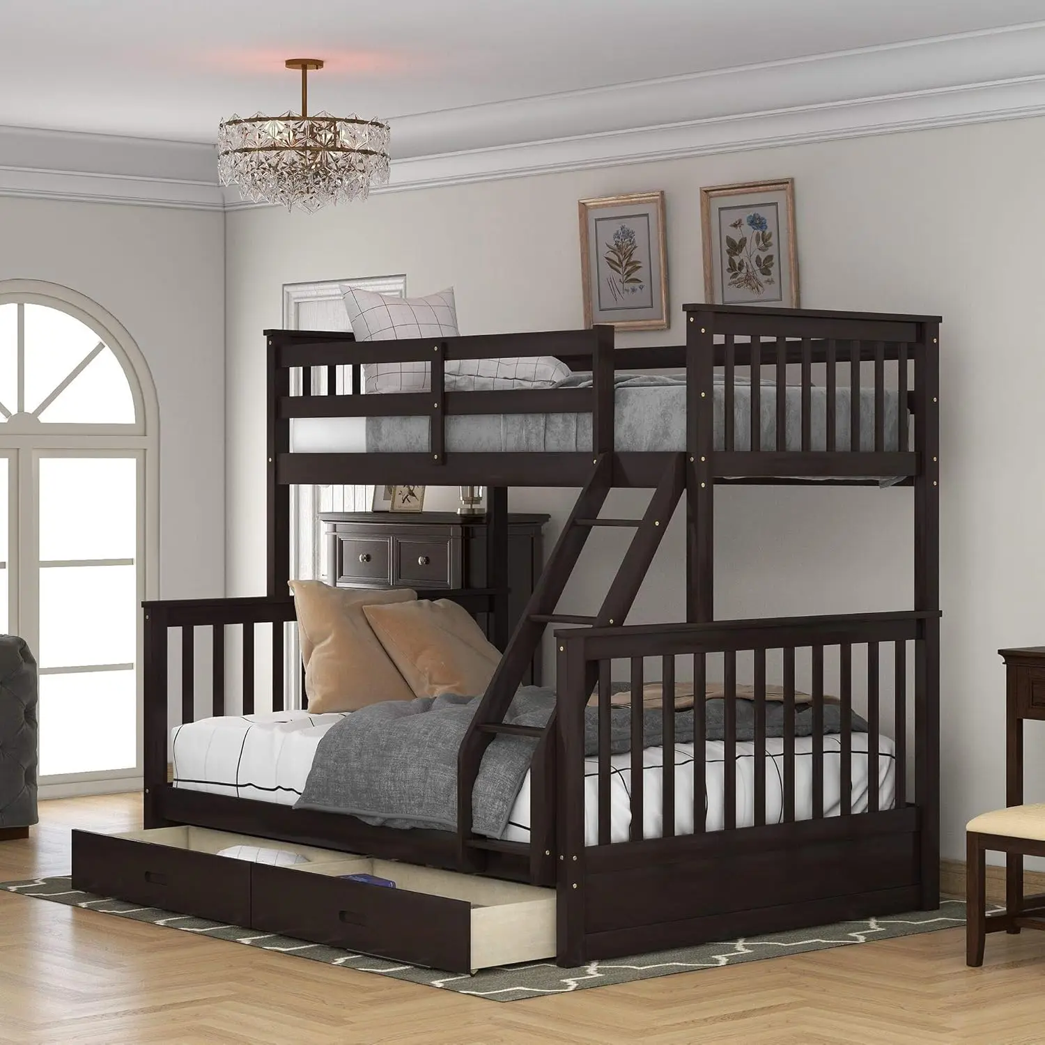 

MERITLINE Twin Over Full Bunk Bed with Storage Drawers, Wooden Bunk Bed with Ladder and Safety Guard Rails for Kids, Teens,