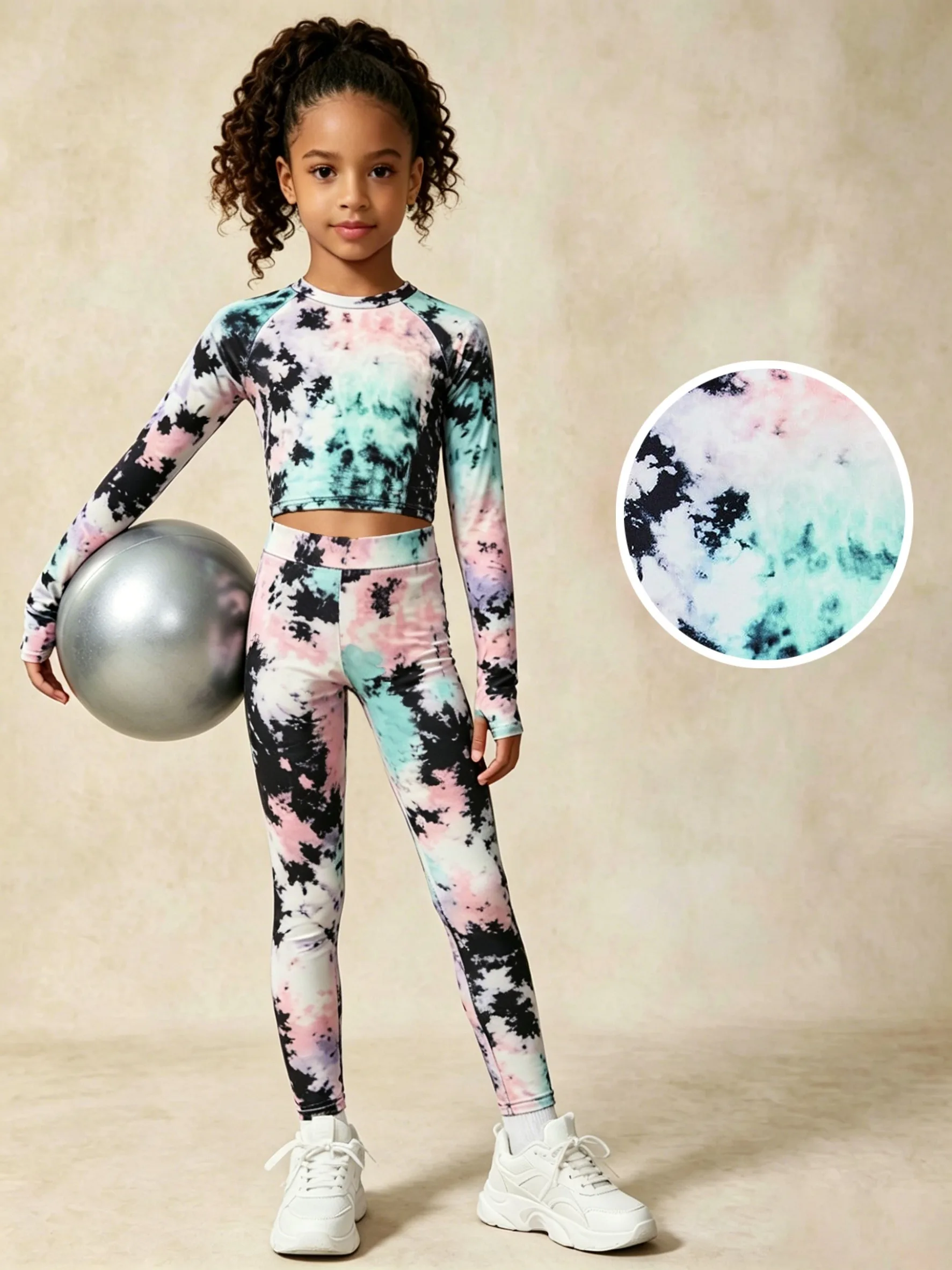 Girls 2-Piece Activewear Set, Pastel Tie Dye Raglan Long Sleeve Cropped Top & High Waist Stretch Sports Leggings