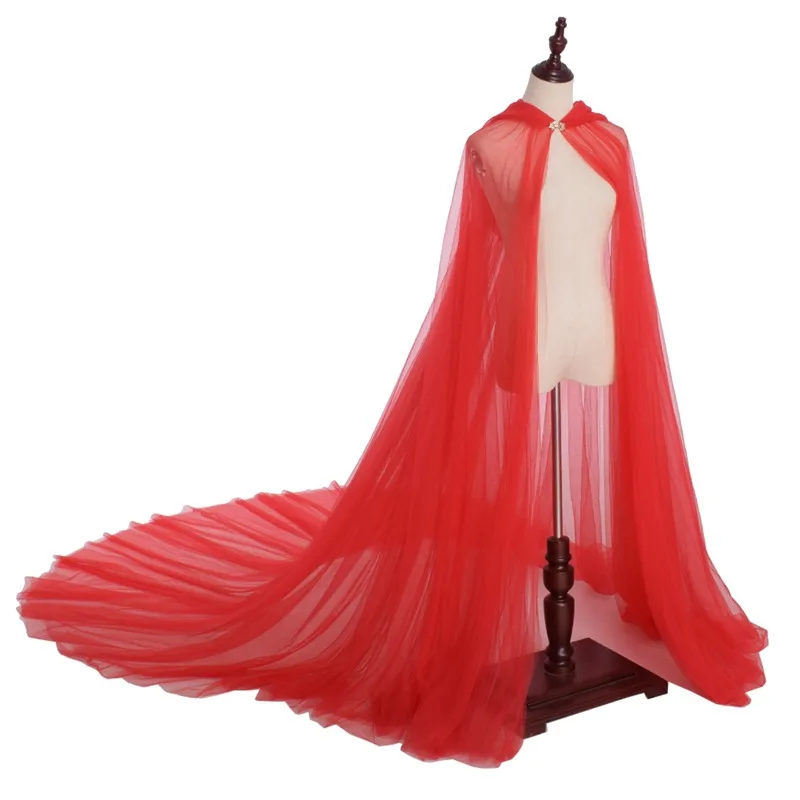 เครื่องแต่งกายวันฮาโลวีนสำหรับผู้หญิง Hood Tulle Cape เสื้อคลุมสีดำสีขาวสีแดงคู่แต่งงานความยาวตาข่ายนุ่ม Cloaks