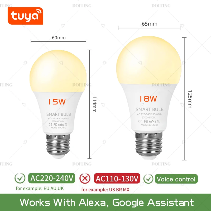 الحياة الذكية-مصباح Tuya WiFi E27 ، تطبيق LED ، تحكم صوتي خافت ، يعمل مع اليكزا ، مساعد جوجل ، V ، أضواء-وقي-