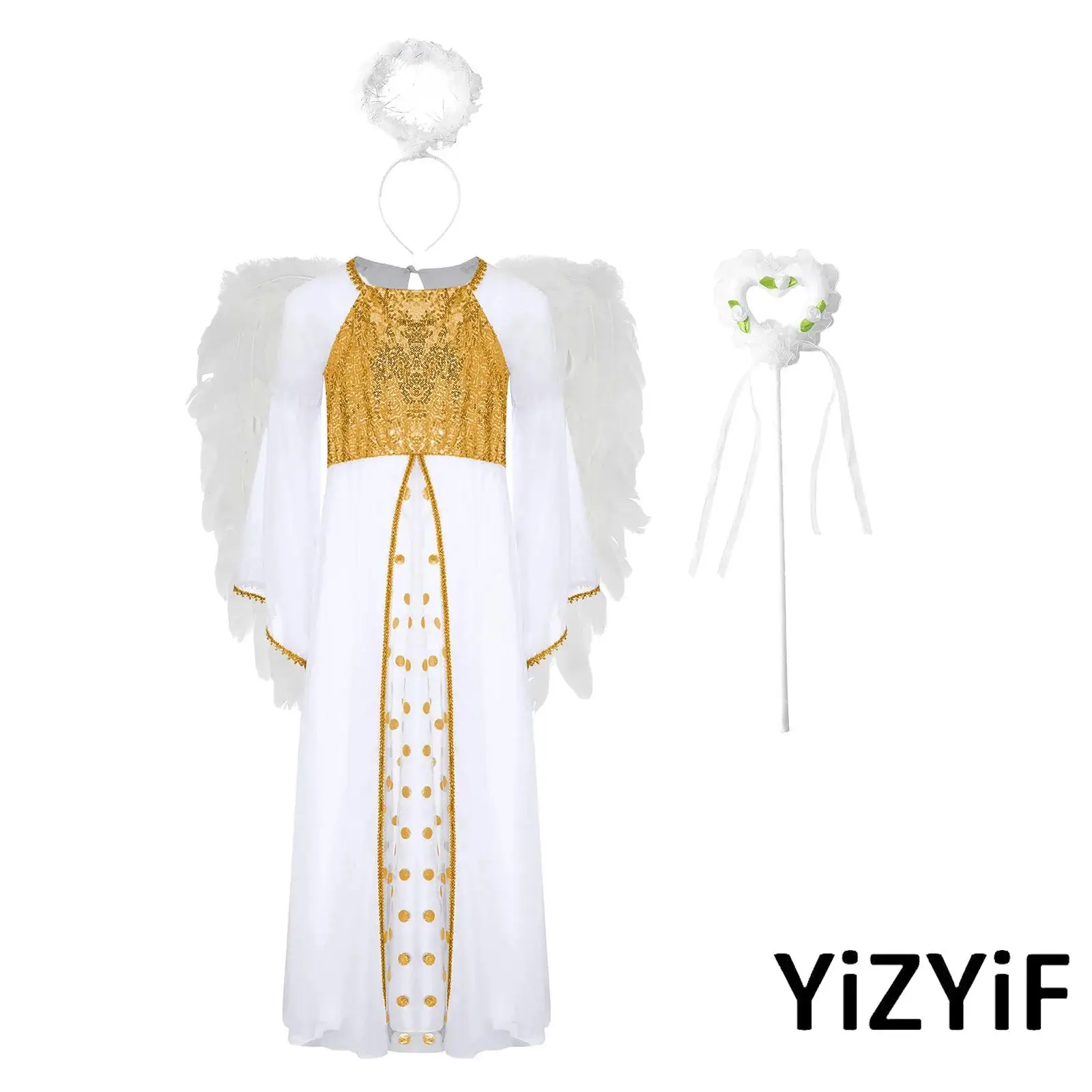 

Girls 4Pcs Halloween Carnival Angel Costume Sequins Gold Webbing Long Gown Dress+Feather Headband +Fairy Sticks+Angel Wings Set