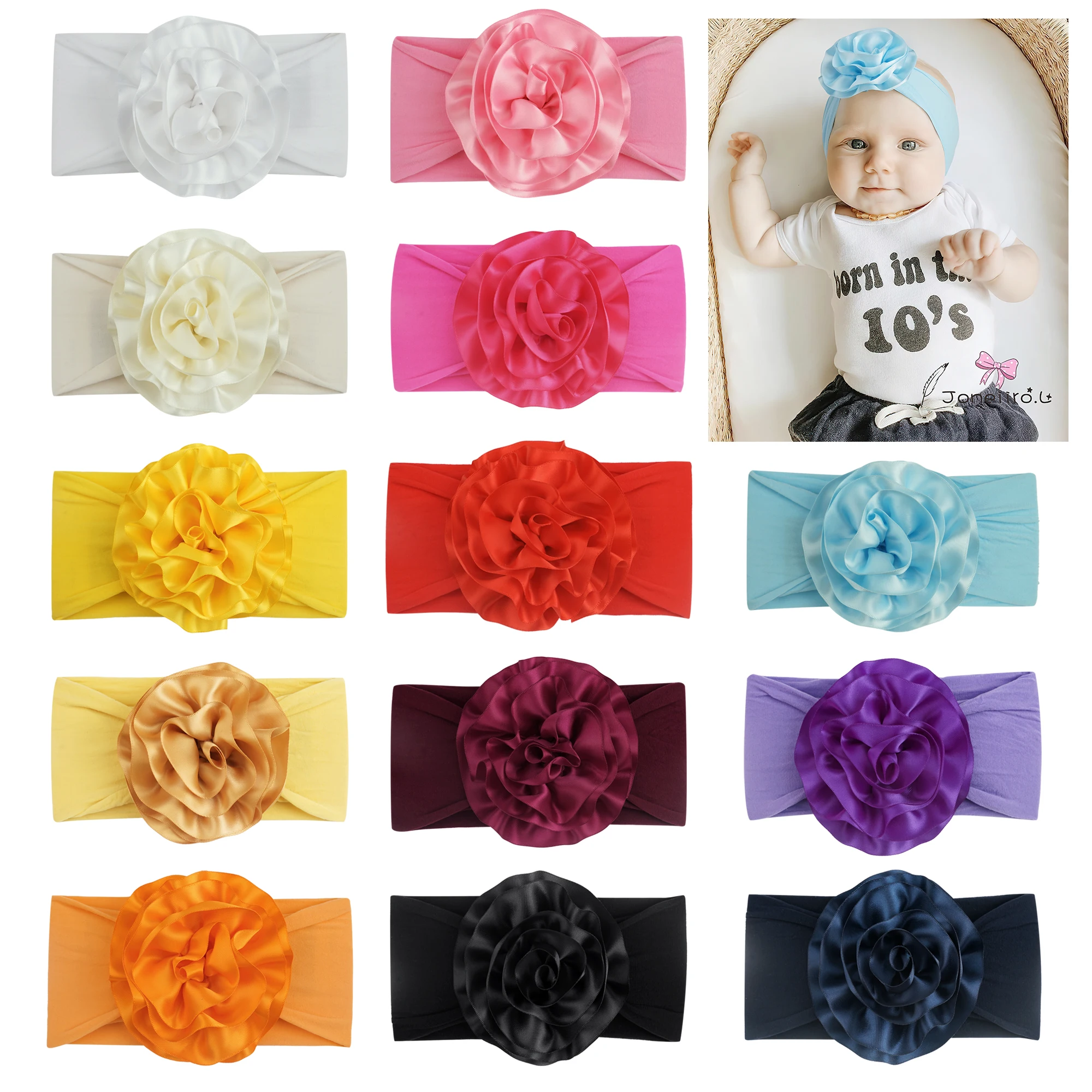 Nylon Headbands para Bebês Meninas, Hairbands, Cabelo Wraps, Big Chiffon Flower, Elásticos para Crianças Recém-nascidas, Crianças, Aleatório, 8 Pcs