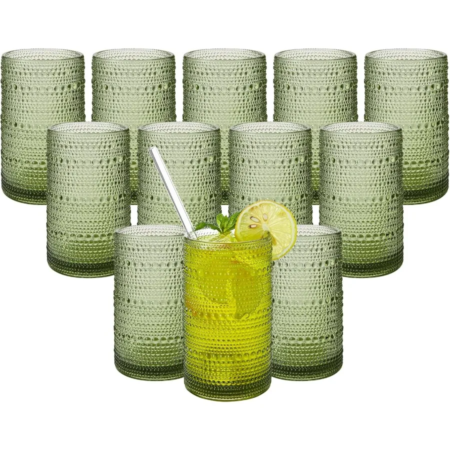 

Набор стаканов для питья Hobnail из 12 зеленых стаканов с тиснением большой емкости 16 унций, стаканы Highball для воды, коктейлей,