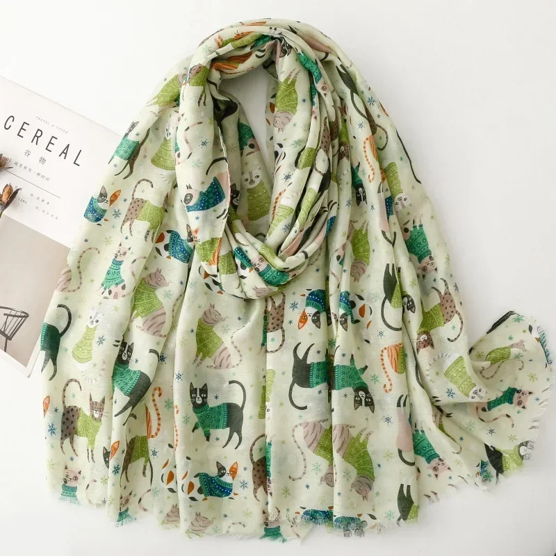 

Роскошный женский вискозный шарф, летняя пляжная шаль, длинный хвост с кошачьим принтом, хлопок и лен, мусульманский хиджаб с кисточками, тюрбан