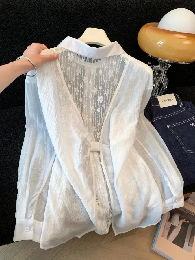 

French Style Lace Splice Loose Fit Long Sleeve Sun Protection Shirt Women's Summer New Style Thin Outerwear Top for Young Girls
