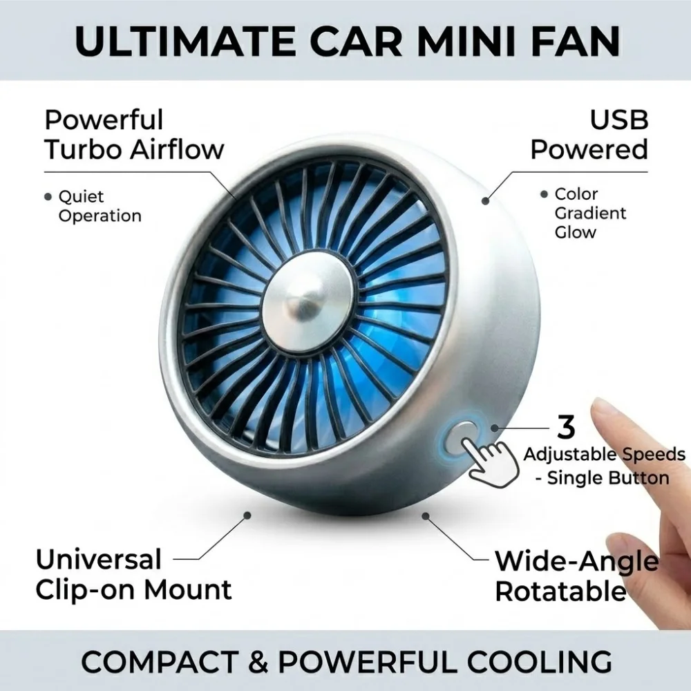 Car Mini Fan Air Vent Clip USB Powered Vehicle Cooler Turbo Airflow 3 Speed Adjustable Rotatable Auto Interior Cooling Fan