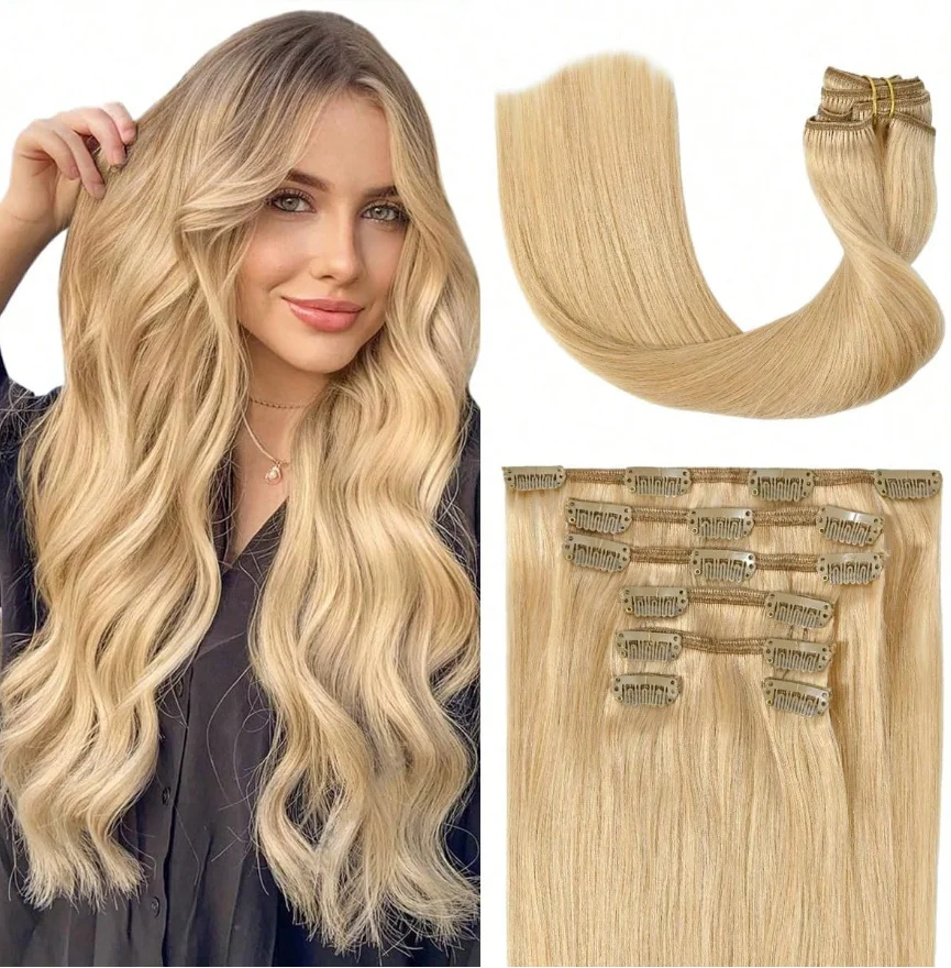 وصلات شعر بمشبك للشعر القصير قطع شعر بشري ريمي بشري حقيقي 8 قطع لكل مجموعة مع 18 مشبك لحمة مزدوجة # 27 أشقر غامق