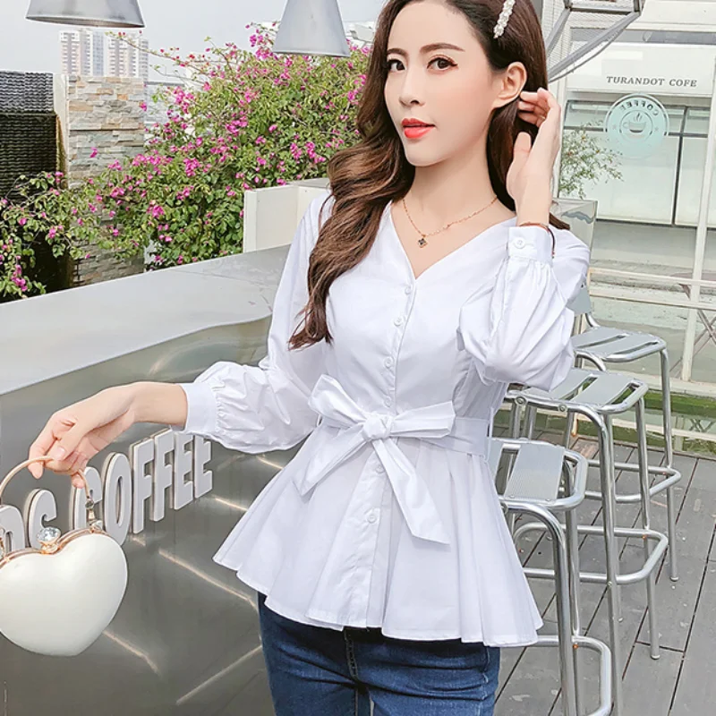 Spring Autumn New Button Lacing Blouse V Neck Long Sleeve Solid Color All-match Short Shirt Tops Elegant Fashion Women Clothing