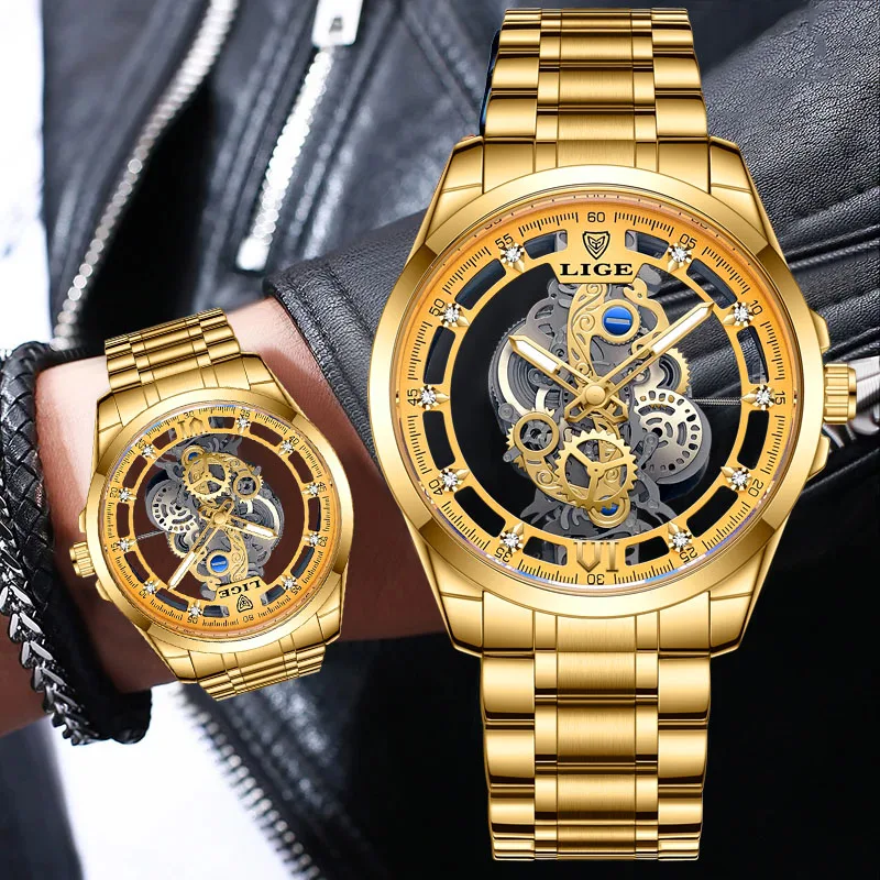 LIGE New Skeleton Design Watch Men Top Brand Luxury Business Quartz Men Watch Fashion Military Waterproof Hollow Chronograph