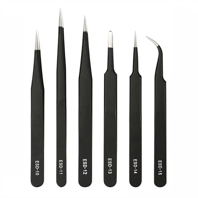 SIKO 6pcs ESD Anti-Static Stainless Steel Tweezers Set Maintenance Repair Tool Kit Anti Static Model Making Tool Hand Tool Set