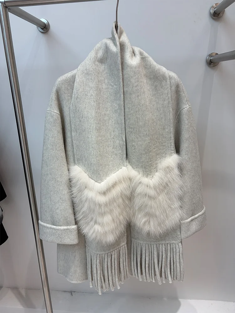 2026 Fashion Winter Women Cashmere Wool Woolen Jacket Natural Real Fur Fox Fur Collar Scarf Coat Outwear Ladies Female Coat