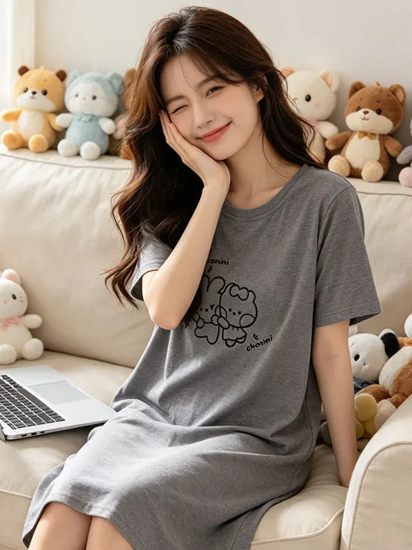 FenTeng Women's Sleep Dress Cute Pure Cotton Lightweight Short Sleeve Loose plus Size Summer Nightgown with Chest Pad
