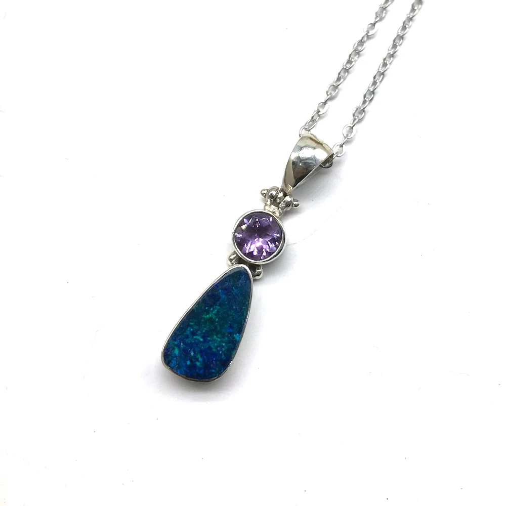 CSJ Natural Australia Opal Pendants Sterling 925 Silver Amethyst Garnet Necklace for Women Party Birthday Handmade Jewelry Gift