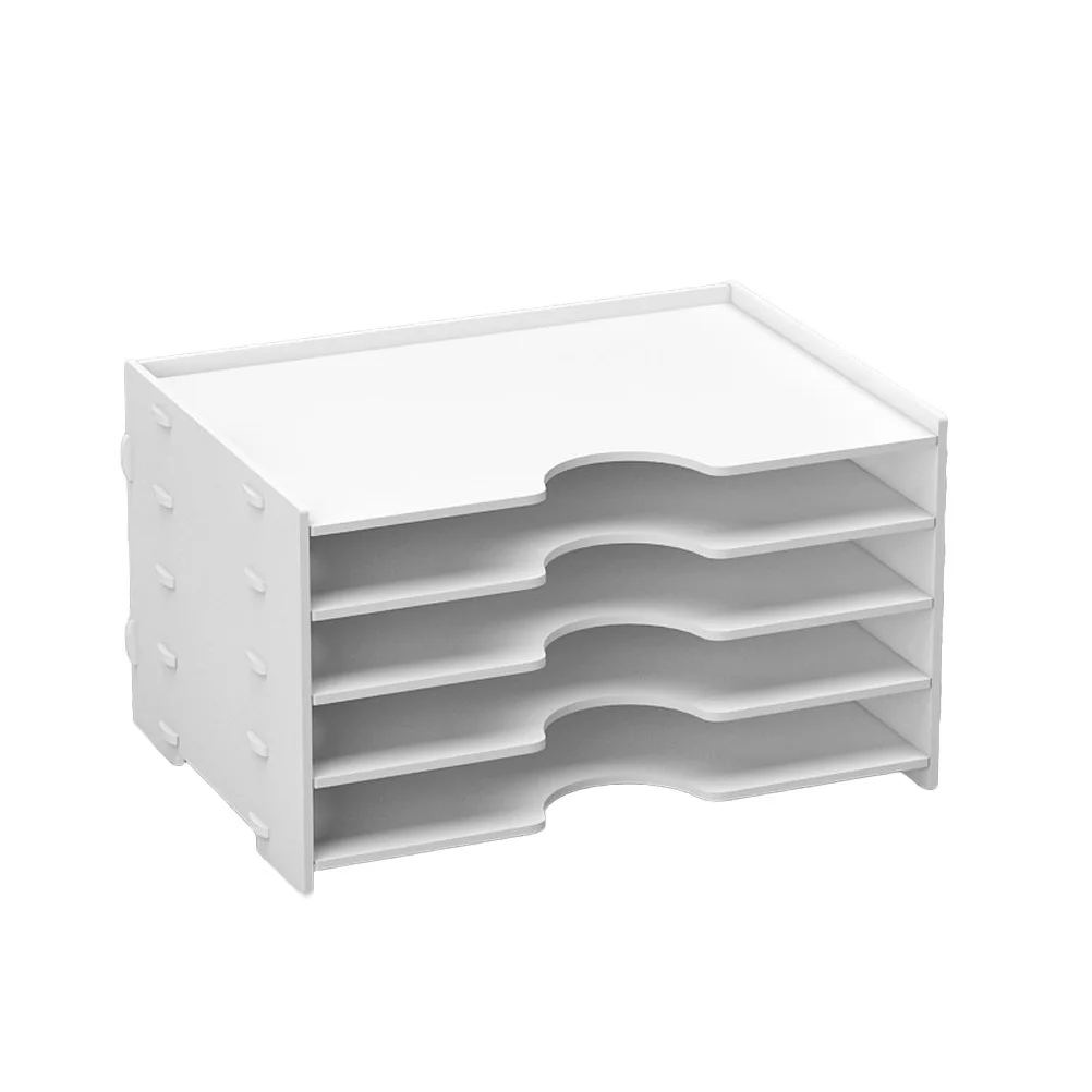Desktop Storage Rack File Shelves Office Four-Layer White PVC Plastic Wood Desk Organizer File Classification Shelf for Office