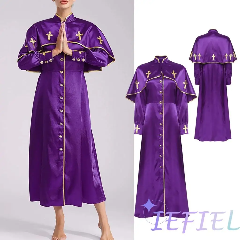 

Ladies Metallic Trim Clergy Robe Long Sleeve A-line Long Maxi Dress Church Choir Robe Minister Pastor Robe Ballroom Costume