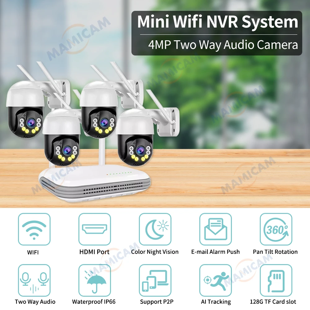 WIFI Wireless System CCTV Camera Kit H.265 4MP Outdoor PTZ Security Audio AI Face Detect 8CH NVR Video Surveillance Set ICSee